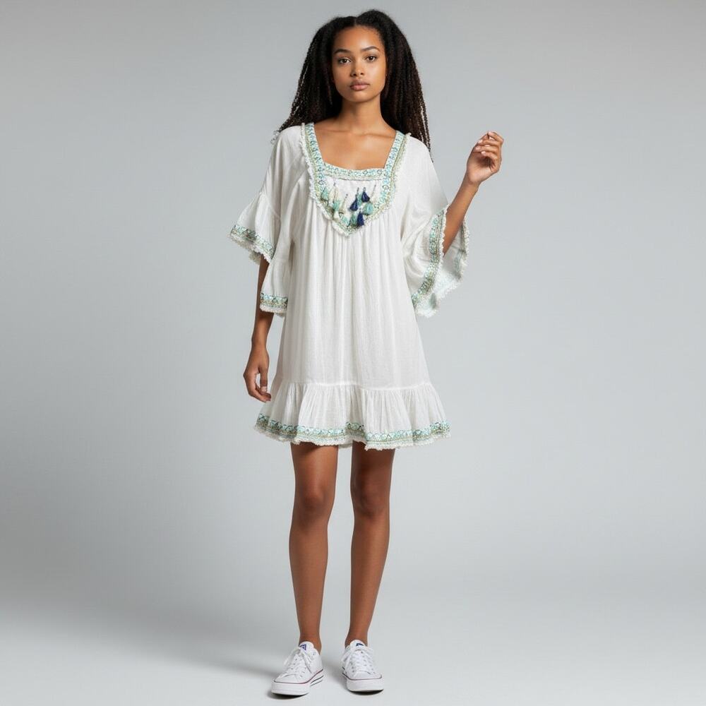 Lara Ethnics 100% Cotton Boho Tassel Tunic Dress White Embroidered Size S/M